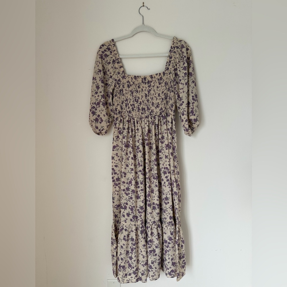 Tan and purple floral smocked midi